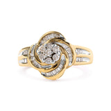 Anillo de cóctel de flor y remolino con diamantes redondos y baguette de 1/2 ct. p.t. en oro amarillo de 10K