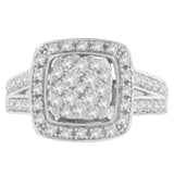 Anillo de racimo con halo y vástago dividido con diamantes de 1 ct. p.t. en oro blanco de 10K