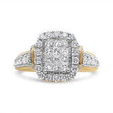Anillo de racimo con halo talla esmeralda con diamantes de 1 ct. p.t. en oro amarillo y blanco de 14K