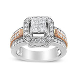 1 1/8 Ct. T.W. Princess and Round-Cut Diamond Art Deco Style Triple Shank Halo Cocktail Ring in 14K White and Rose Gold