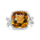 1/3 Ct. T.W. 12mm Cushion-Cut Yellow Citrine Gemstone and Round Pavé-Set Diamond Ring in 14K White Gold