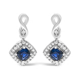 Aretes colgantes de halo en forma de cojín con zafiro azul y diamantes en oro blanco de 10K