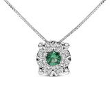 1/3 Ct. T.W. 3.8mm Green Emerald and Diamond Composite Halo Pendant Necklace in 14K White Gold