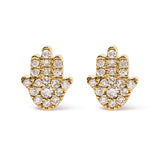 Aretes de botón de hamsa con detalle de diamante en oro amarillo de 10K, color H-I, claridad I1-I2