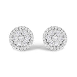 Aretes de botón redondos de racimo estilo halo con diamantes de 1 ct. p.t. certificados AGS en oro blanco de 14K