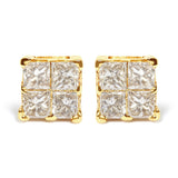 Aretes de botón cuadrados de racimo con engaste invisible y diamantes de 3/4 ct. p.t. en oro amarillo de 10K