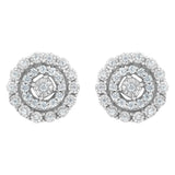Aretes de botón de doble halo con diamantes redondos talla brillante de 1/2 ct. p.t. en oro blanco de 10K