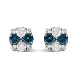 Aretes de botón de racimo con diamantes azules tratados de 2 ct. p.t. en plata de ley