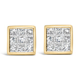 Aretes de botón de racimo con cierres de rosca y diamantes de talla princesa de 1 ct. p.t. en oro amarillo de 14K