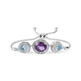 Pulsera bolo ajustable de lazo con amatista ovalada, topacio azul de talla pera y detalle de diamante en plata de ley, color H-I, claridad SI1-SI2, 4 pulg.