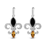 Aretes de botón colgantes de flor de lis con ónix y citrino talla marquesa y detalle de diamante en plata de ley, color H-I, claridad SI1-SI2