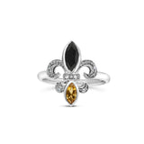Anillo de flor de lis con ónix negro y citrino amarillo talla marquesa y detalle de diamante en plata de ley, color H-I, claridad SI1-SI2