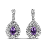 Aretes colgantes de gota con amatista talla pera y detalle de diamante en plata de ley