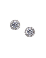 Round Cubic Zirconia Halo Jacket Stud Earrings in Rhodium-Plated Brass