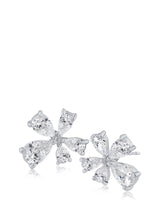 Pear Cubic Zirconia Floral Stud Earrings in Rhodium-Plated Brass