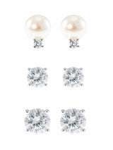 Round Cubic Zirconia and Bead Stud Earring Set in Rhodium-Plated Brass