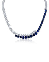 Round Blue and Pear Cubic Zirconia Overlapping Necklace in Rhodium-Plated Brass