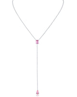 Pink Emerald-Cut and Pear Cubic Zirconia Y-Necklace in Rhodium-Plated Brass
