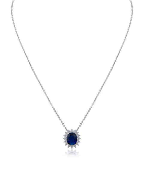 Oval Blue or Green Cubic Zirconia Halo Pendant Necklace in Rhodium-Plated Brass, photo 1