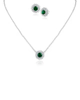 Green Cubic Zirconia Halo Stud Earring and Pendant Set in Rhodium-Plated Brass