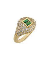Pavé Cubic Zirconia Signet Pinky Ring with Green Baguette in Gold-Plated Brass