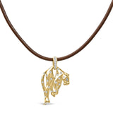 Collar con colgante de gato con diamantes de 1 ct. p.t. y cordón de piel café en oro de 18K