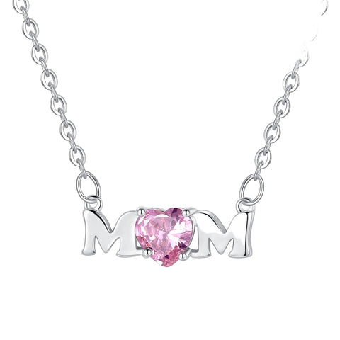 Pink Heart Cubic Zirconia Mom Pendant Necklace, photo 1