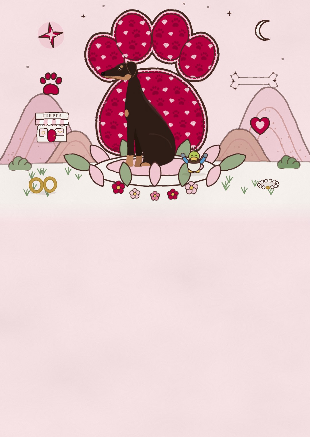 Dante the Doberman sits in front of a giant raspberry paw print in a pink, hand-drawn world, with a little FURPPL boutique on the hill.