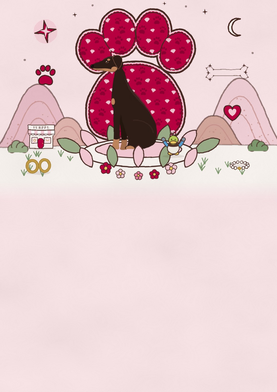 Dante the Doberman sits in front of a giant raspberry paw print in a pink, hand-drawn world, with a little FURPPL boutique on the hill.