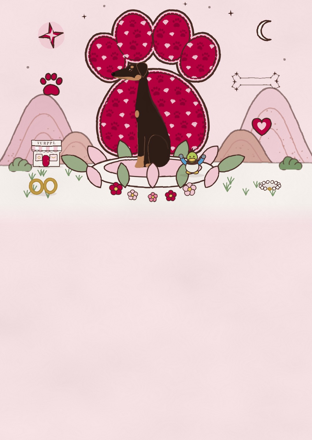 Dante the Doberman sits in front of a giant raspberry paw print in a pink, hand-drawn world, with a little FURPPL boutique on the hill.