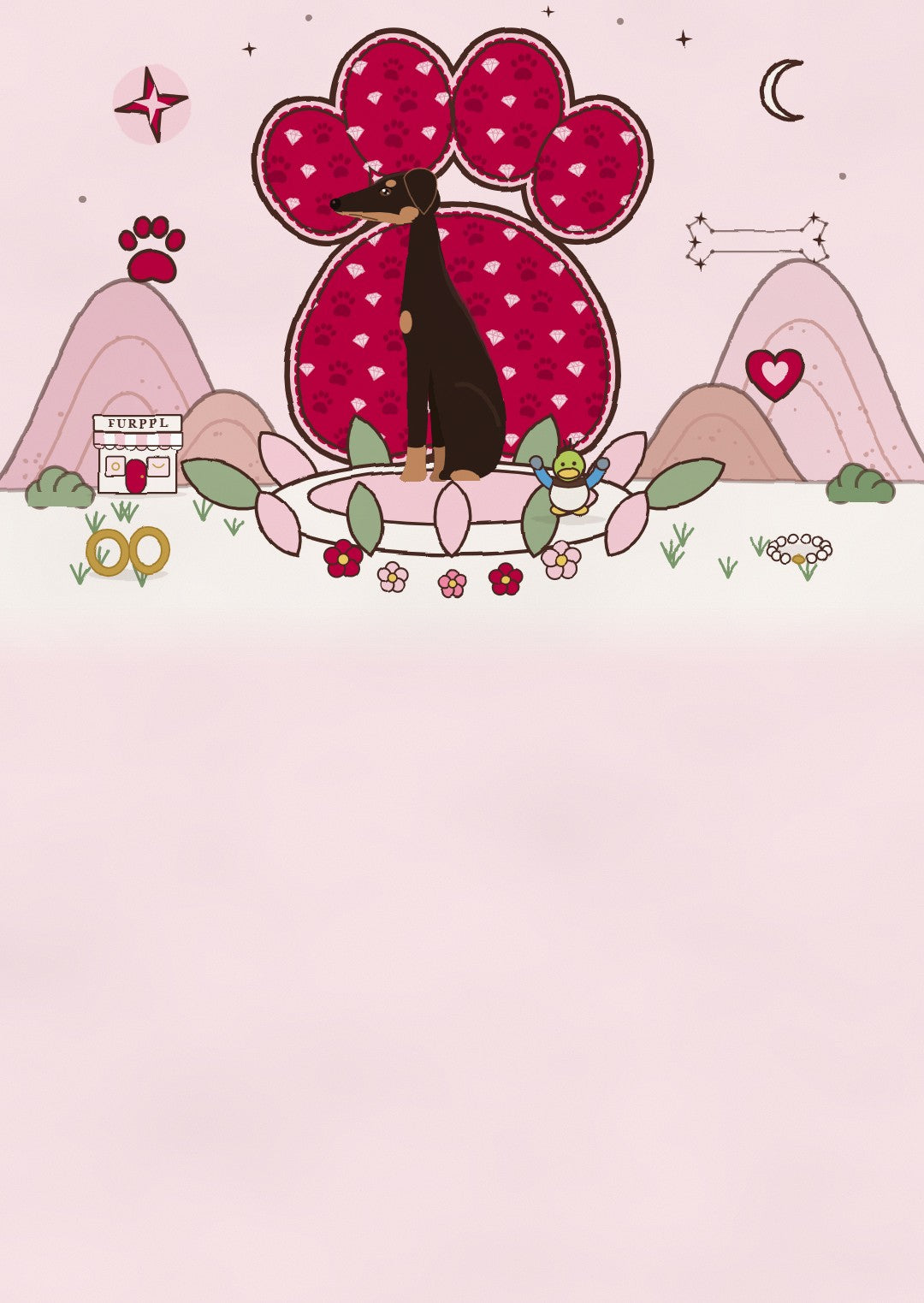 Dante the Doberman sits in front of a giant raspberry paw print in a pink, hand-drawn world, with a little FURPPL boutique on the hill.