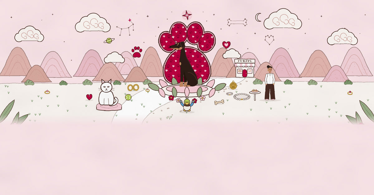 Dante the Doberman sits in front of a giant raspberry paw print in a pink, hand-drawn world, with the FURPPL boutique, a white cat and jewelry along the path.