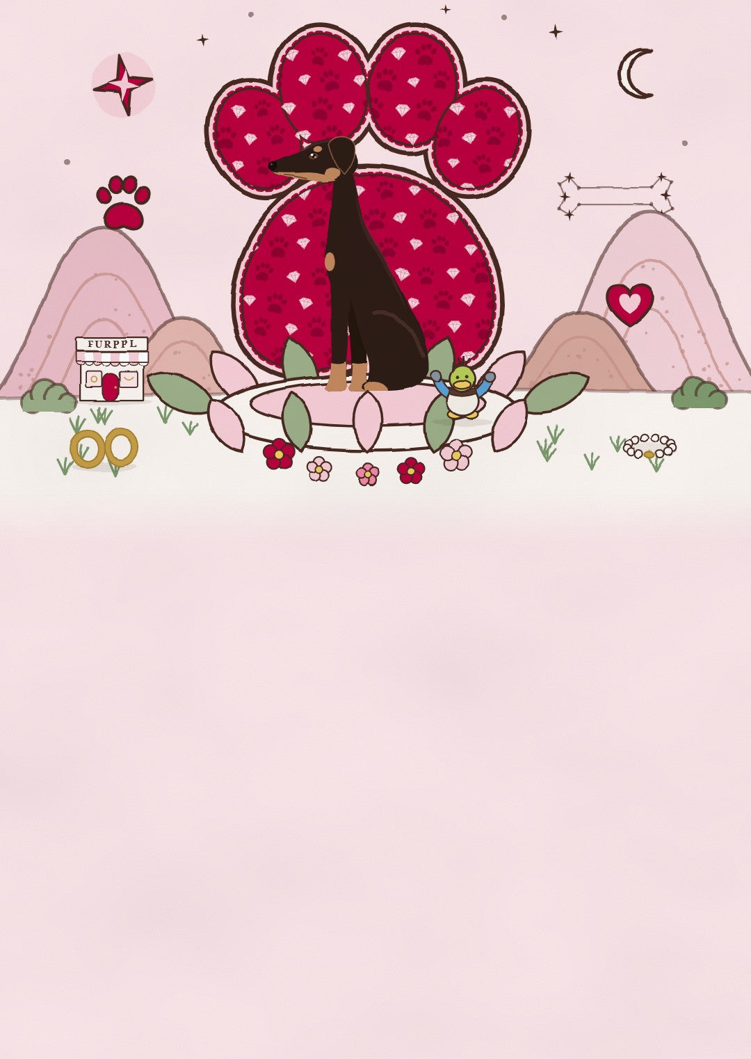 Dante the Doberman sits in front of a giant raspberry paw print in a pink, hand-drawn world, with a little FURPPL boutique on the hill.