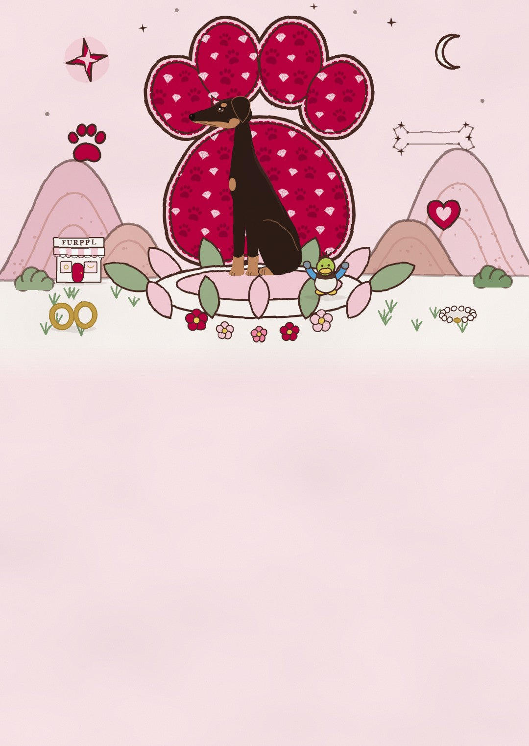 Dante the Doberman sits in front of a giant raspberry paw print in a pink, hand-drawn world, with a little FURPPL boutique on the hill.