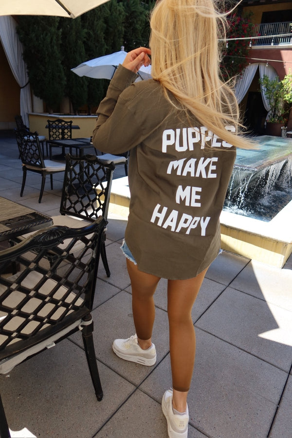 Puppies Make Me Happy Military Button-Up Shirt