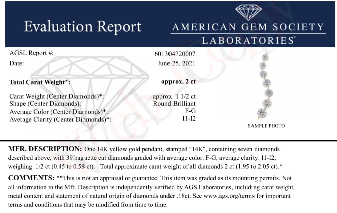2 Ct. T.W. AGS Certified Baguette and Brilliant Round-Cut Diamond Journey Pendant Necklace in 14K Yellow Gold, photo 6