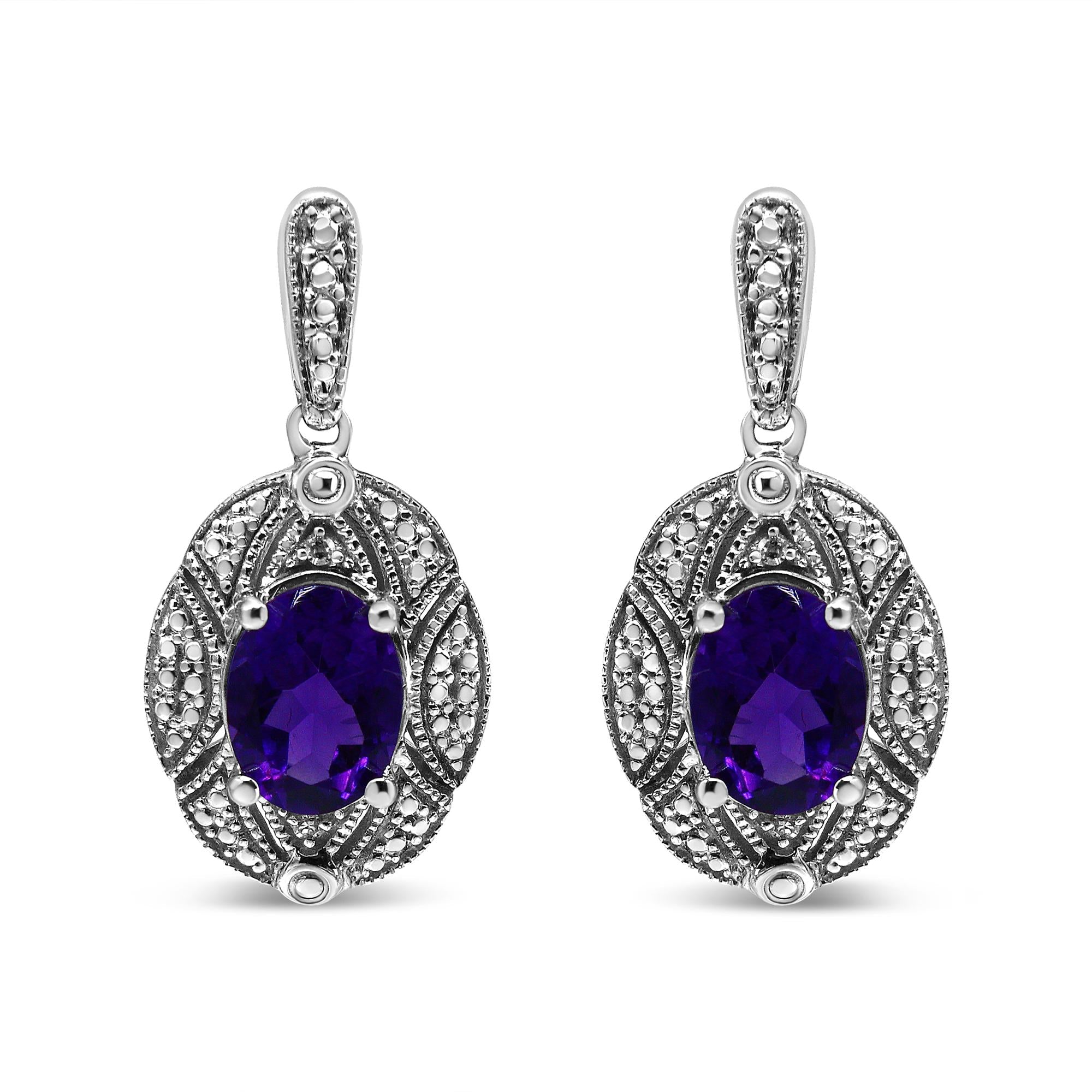 Aretes de botón con detalles de diamante y amatista púrpura ovalada de 8x6mm en plata de ley, foto 1