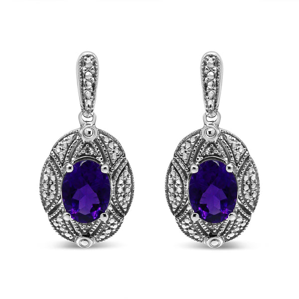 Aretes de botón con detalles de diamante y amatista púrpura ovalada de 8x6mm en plata de ley, foto 1