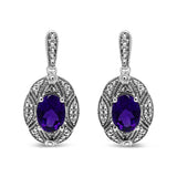 Aretes de botón con detalles de diamante y amatista púrpura ovalada de 8x6mm en plata de ley, color I-J, claridad I1-I2