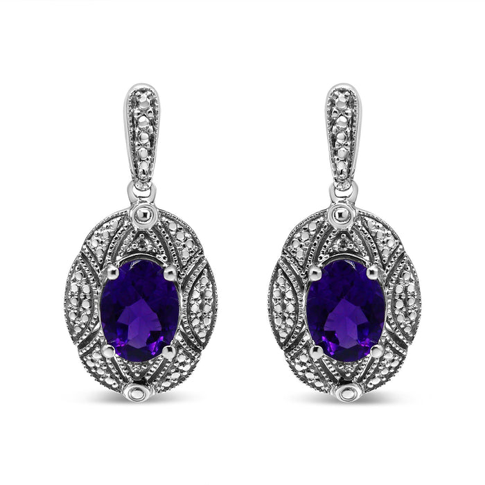 Aretes de botón con detalles de diamante y amatista púrpura ovalada de 8x6mm en plata de ley, foto 1