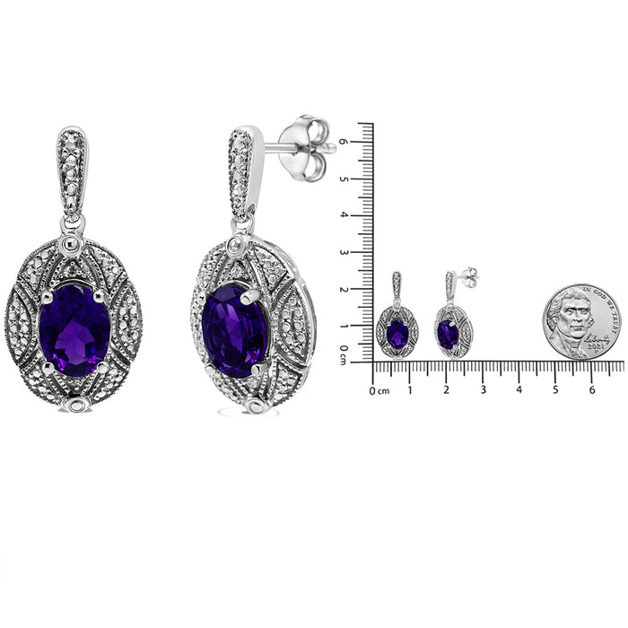 Aretes de botón con detalles de diamante y amatista púrpura ovalada de 8x6mm en plata de ley, foto 5