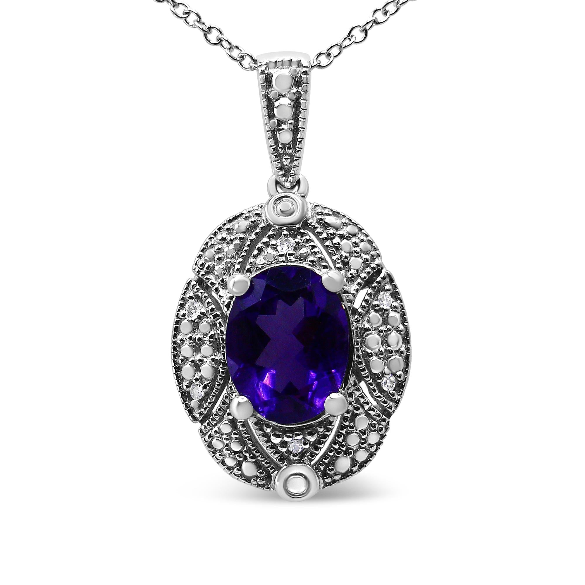 Diamond Accent and 9x7mm Purple Oval Amethyst Gemstone Pendant Necklace in Sterling Silver, photo 1