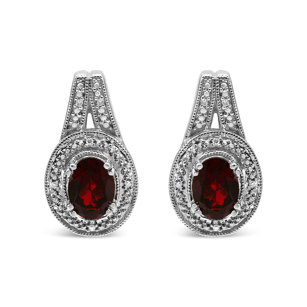 Aretes de botón con detalles de diamante y granate rojo ovalado de 8x6mm en plata de ley, foto 1