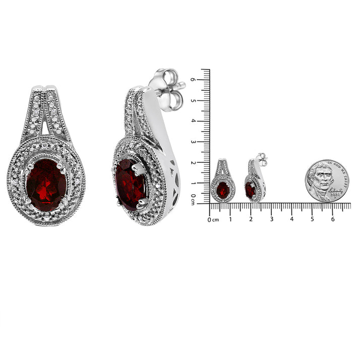 Aretes de botón con detalles de diamante y granate rojo ovalado de 8x6mm en plata de ley, foto 5