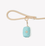 Blue poop bag holder clipped to a leash handle