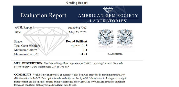 1 Ct. T.W. AGS Certified I-J Color, I1-I2 Clarity Diamond Solitaire Stud Earrings in 14K White Gold, photo 5