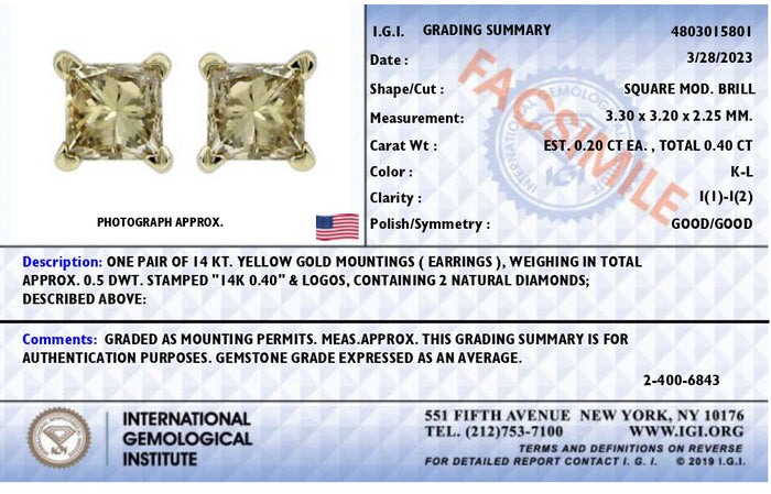 Aretes de botón solitarios de 4 garras con diamantes certificados por IGI de 3/8 ct. p.t. en oro amarillo de 14K, foto 6