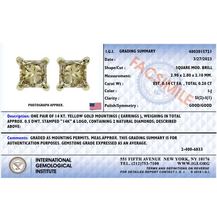 1/4 Ct. T.W. IGI Certified Princess-Cut Diamond Solitaire Stud Earrings in 14K Yellow Gold, photo 5