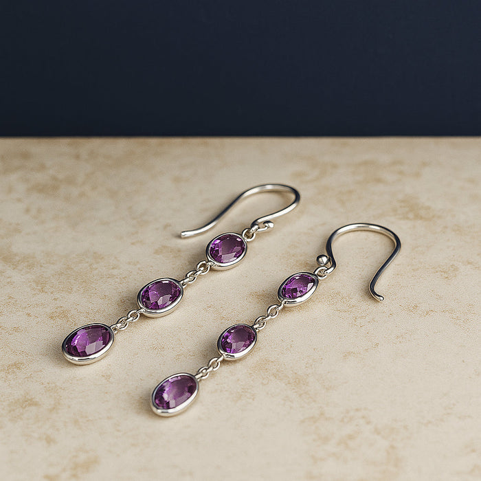 Aretes colgantes con amatista morada ovalada de talla tablero de ajedrez en plata de ley, foto 5