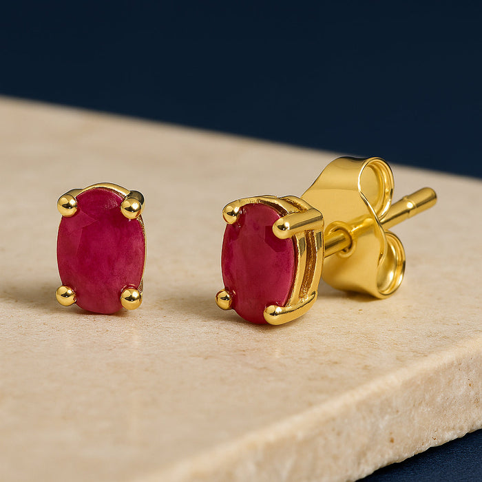 Aretes de botón con gema y piedra natal talla ovalada de 5x3 mm en oro de 14K, foto 19
